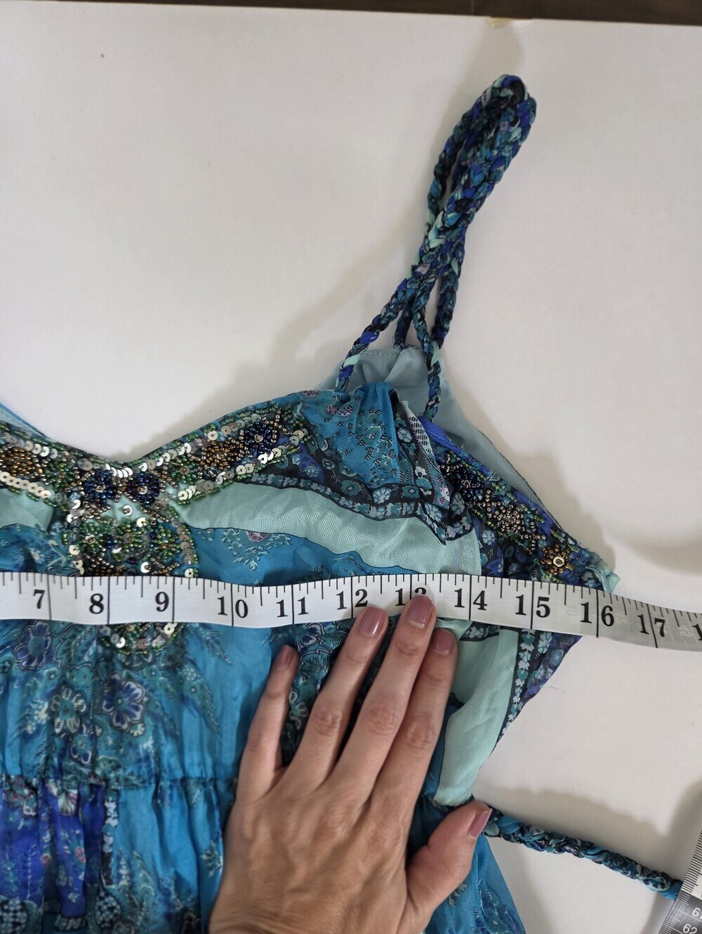 Blue Silk beaded maxi dress gown with waist tie patchwork boho stretch waist 4 - Picture 13 of 16